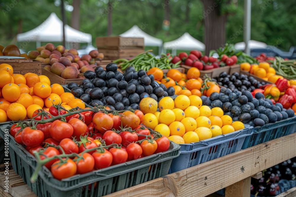 Fresh Fruits and Vegetables at a Street Market. Organic produce at local farmer market, showcasing their natural colors and texture