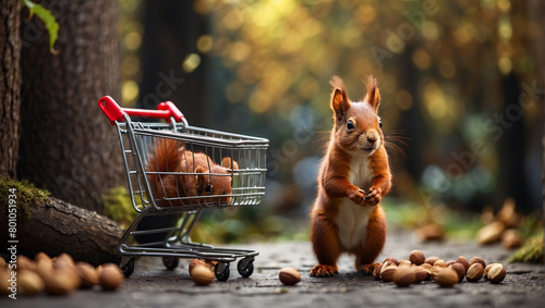 A squirrel sits on a stone path next to a miniature shopping cart full of nuts.

 photo