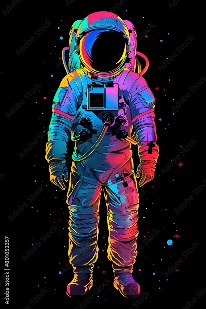 Fototapeta premium Iridescent Astronaut Doodle in Vibrant Cosmic with Dark Backdrop