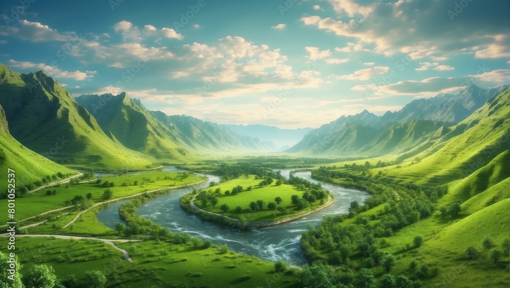  a lake in a valley. The sky is cloudy and the sun is shining through the clouds. The lake is surrounded by green hills. There are some trees on the shore of the lake.