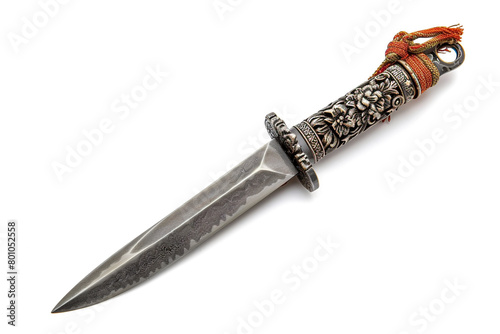 Samurai-inspired battle dagger with a traditional folded steel blade, wrapped in silk cord, and a tsuba decorated with intricate motifs isolated on solid white background.