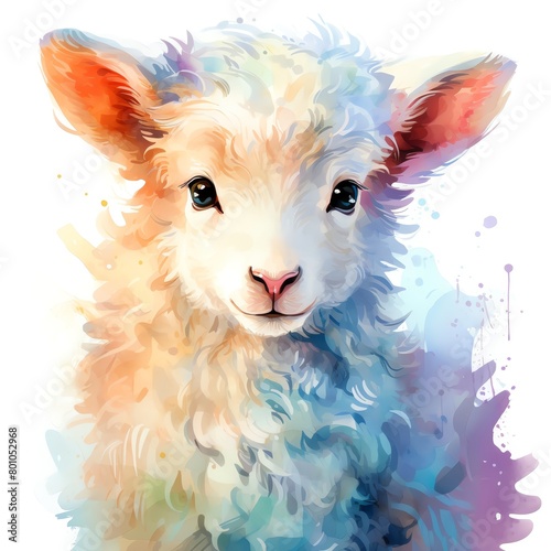 A watercolor painting of a cute baby lamb with a colorful background. photo