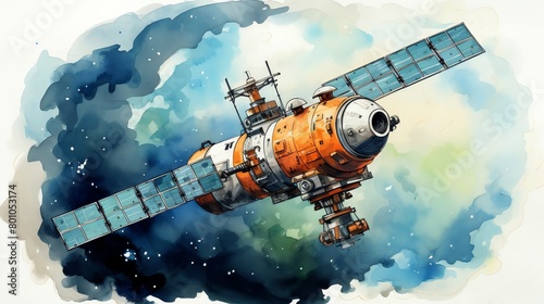 A watercolor painting of a satellite in space.