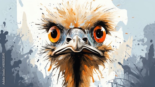 An ostrich with its head turned to face the viewer, painted in a modern style with bright colors and a focus on texture.
