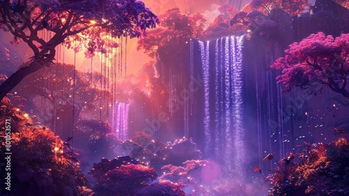 A lush, colorful forest with a waterfall in the background