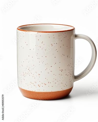 Image of a ceramic mug with brown rim isolated on white background