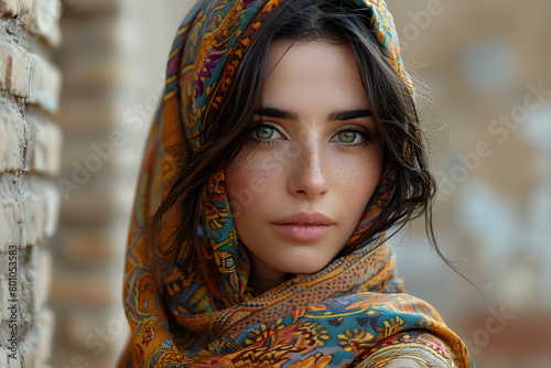 Attractive Woman in Colorful Head Scarf Stylish Portrait photo