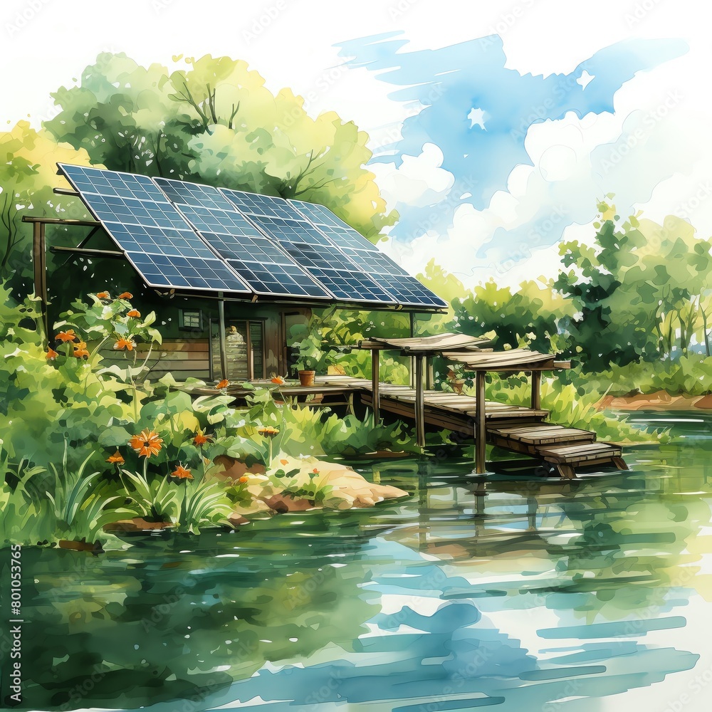 watercolor painting of a house with solar panels on the roof by the lake
