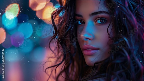 Art portrait of a beautiful girl. gorgeous brunette girl, portrait in night city lights. Vogue fashion style portrait of young pretty beautiful woman with long dark curly hair.