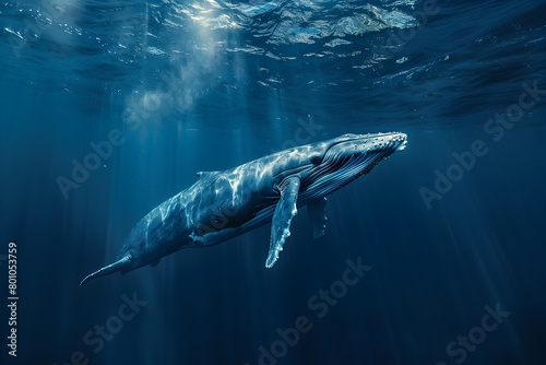 Solitary Blue Whale Gliding Through the Vast and Mysterious Ocean Depths © milkyway