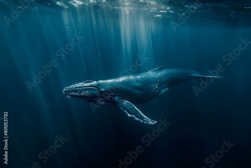 Majestic Blue Whale Swimming in the Serene Depths of the Ocean