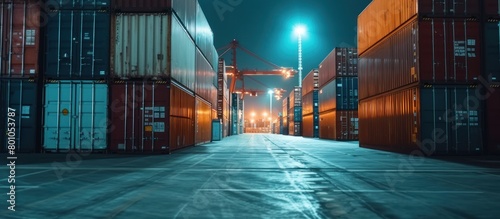 a dock with containers at night, with cranes and trucks in the background