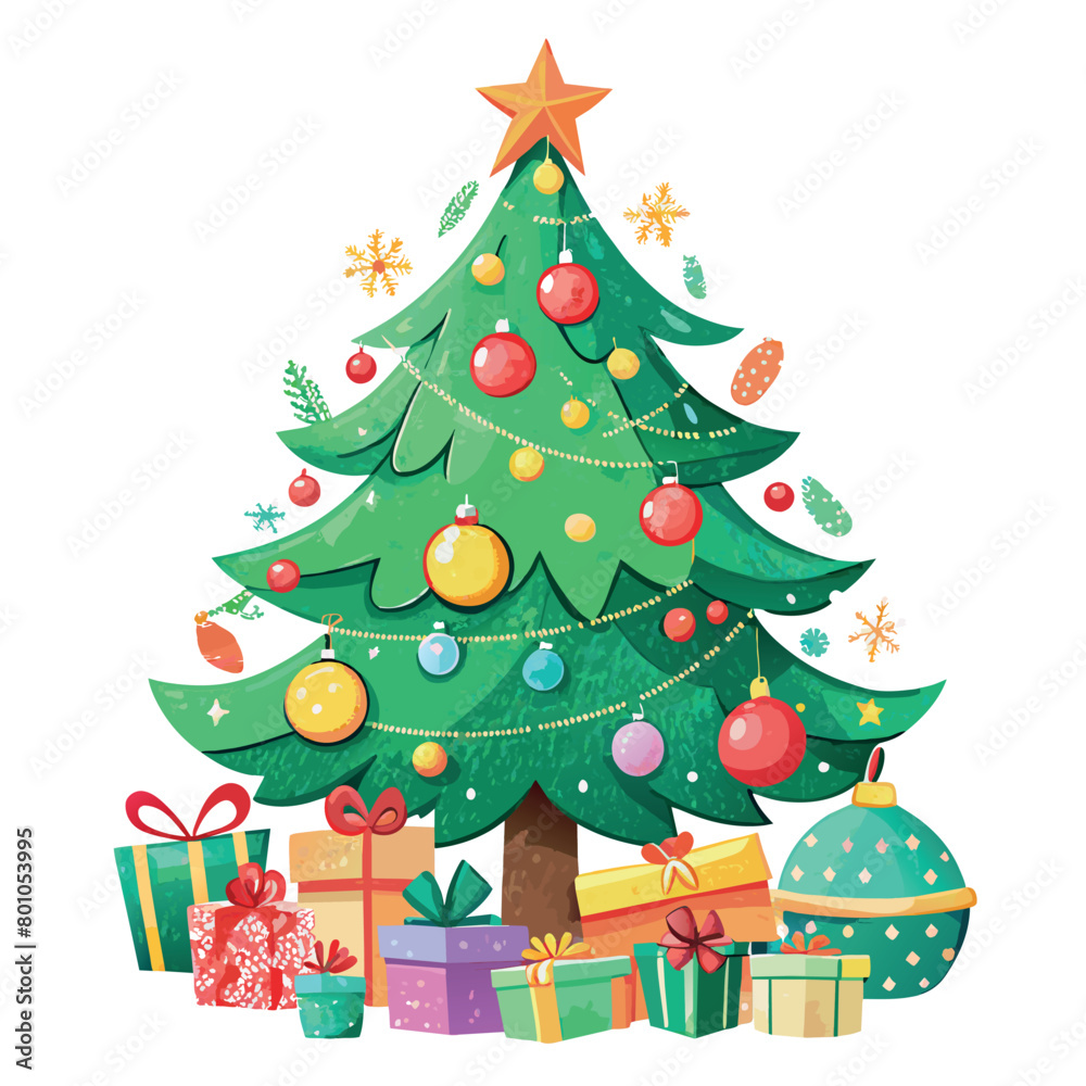 Naklejka premium A Christmas tree with many ornaments and gifts underneath it. The tree is decorated with a star on top and a ribbon around the trunk