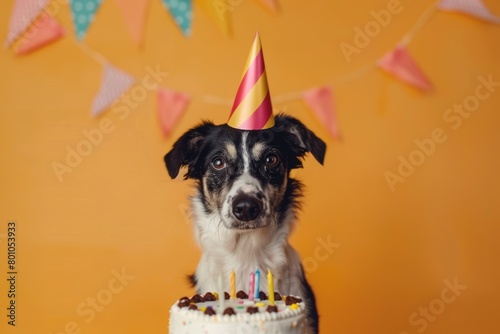 Cute Dog Celebrating with Birthday Cake and Party Hat on Colorful Background with Copy Space