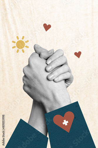 Composite collage of beige color background donation charity two hands hold together help each other share support heart shape blood donor photo