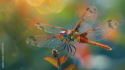 Dragonfly spreads wings while roosting on plant