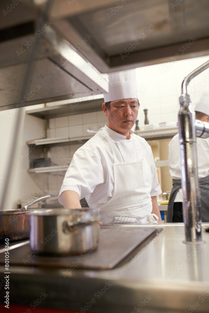 Cooking, chef thinking and Asian man in kitchen at restaurant for fine dining, service or hospitality. Idea, culinary professional or worker prepare meal, lunch or dinner for food catering in hotel Cooking, chef thinking and Asian man in kitchen at restaurant for fine dining, service or hospitality. Idea, culinary professional or worker prepare meal, lunch or dinner for food catering in hotel