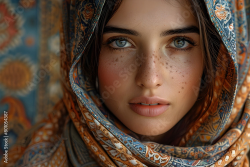 Freckled Woman in Colorful Scarf Stylish and Gorgeous
