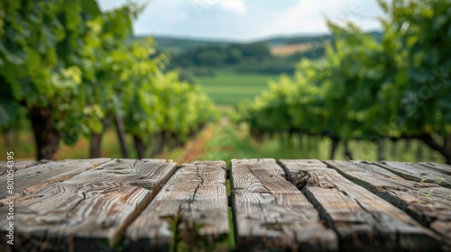 front view off empty raw wooden old table against blurred vineyard background