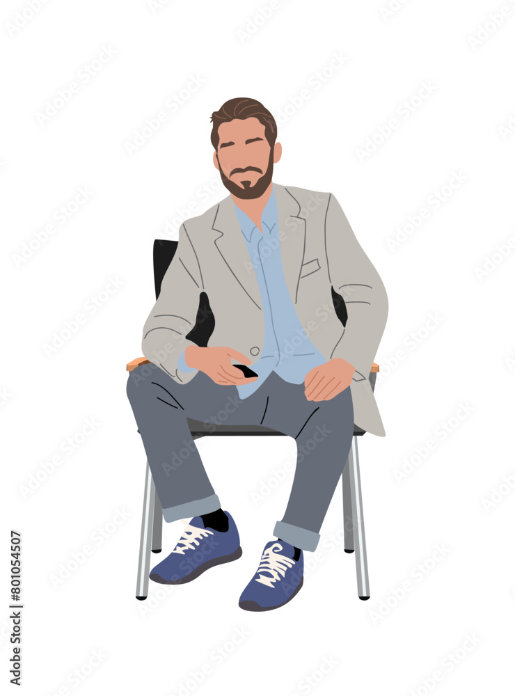 Business man in suit sitting on office chair, holding mobile phone. Concept of relaxation and leisure, as the man is taking a break from his busy day. vector illustration on transparent background.