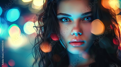 Art portrait of a beautiful girl. gorgeous brunette girl, portrait in night city lights. Vogue fashion style portrait of young pretty beautiful woman with long dark curly hair.