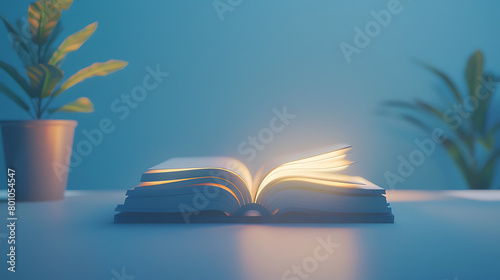 Open book with a light on blue background, minimalistic design concept © Iqra Iltaf
