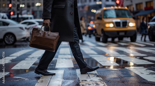 A man in a suit crosses a busy city street during rush hour. photo