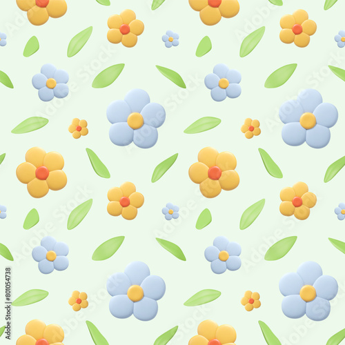 Seamless pattern with 3D plasticine flowers buds and leaves on pastel green background. 
