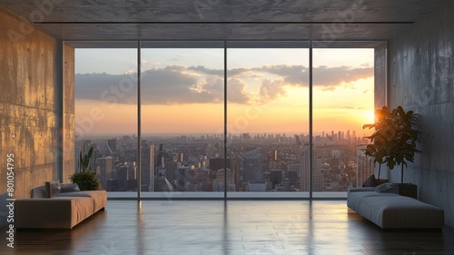 A large room with a view of the city and a plant photo