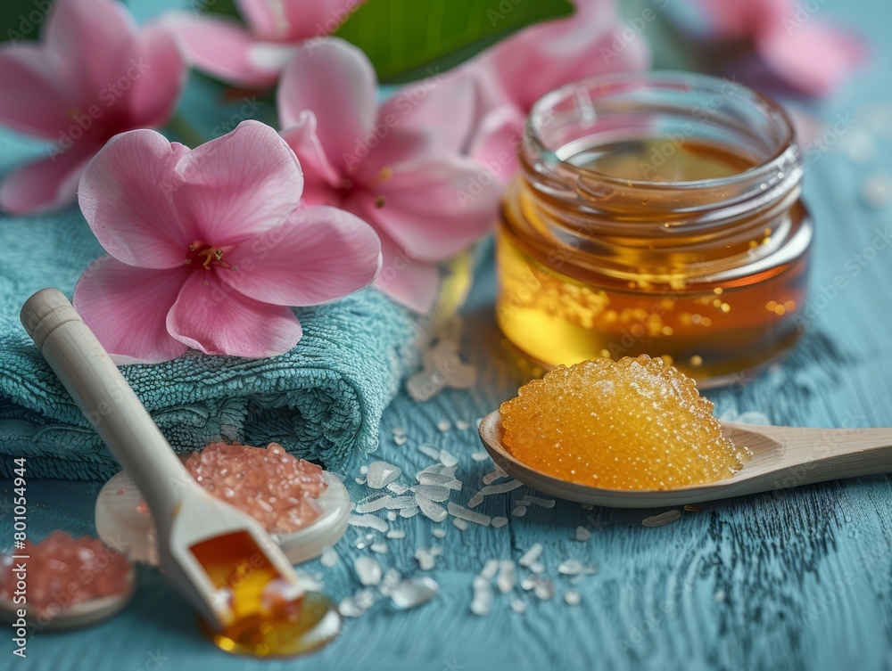 Sugar paste or wax honey in a transparent jar and white orchid on a white background. Sugaring. Sugar paste or wax honey in a transparent jar and white orchid on a white background. Sugaring.
