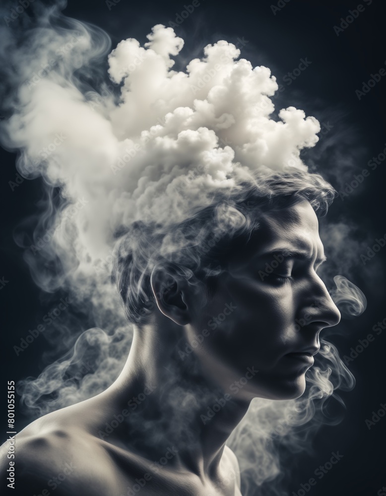 man with smoke coming out of his head in the shape of clouds. man with smoke coming out of his head in the shape of clouds.