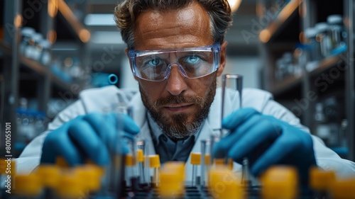 A man in a lab coat is wearing blue gloves and looking at a bunch of test tubes