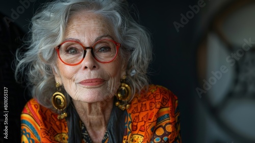 A chic elderly woman accessorizing with statement jewelry, showcasing her flair for high fashion and individuality.