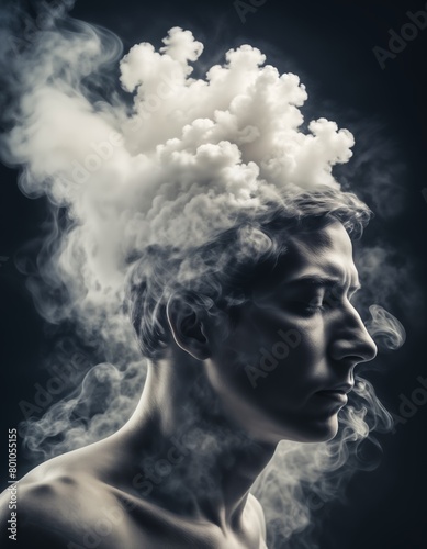 man with smoke coming out of his head in the shape of clouds.