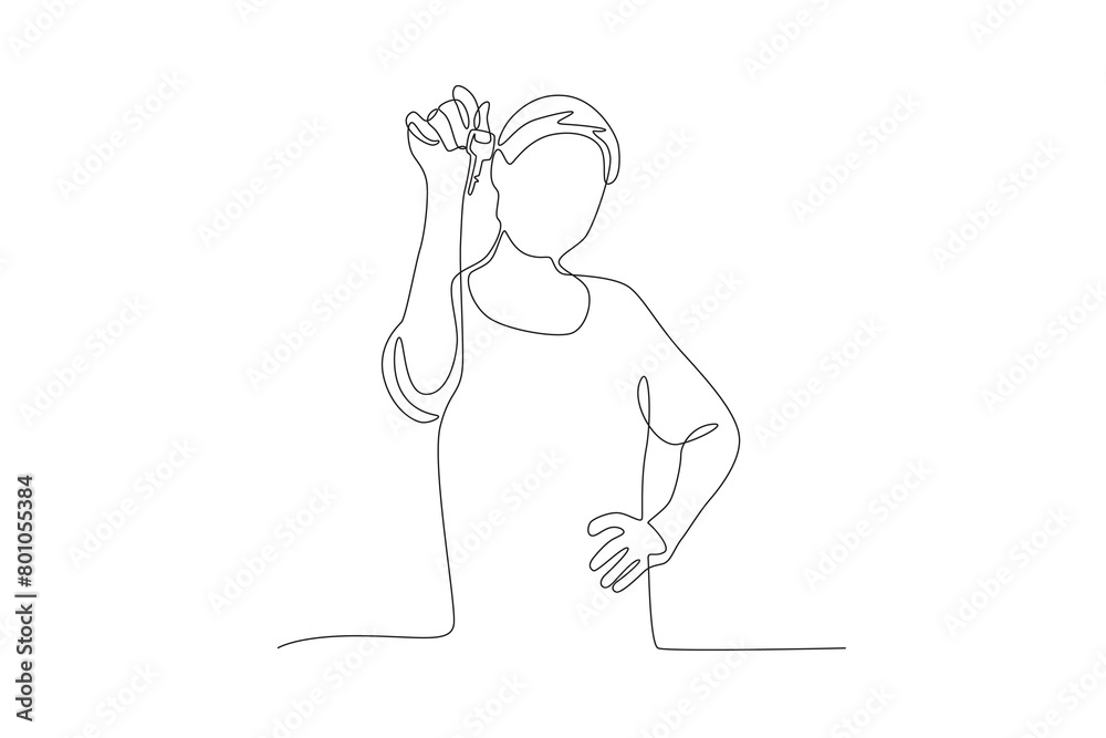 Woman showing off new house keys. Buy a new house concept one-line drawing