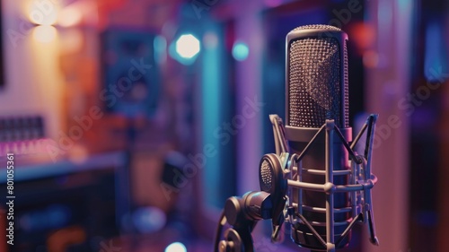 A microphone is on a stand in a studio