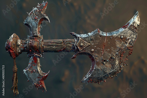 Savage barbarian battle axe, marked with the scars of countless battles.