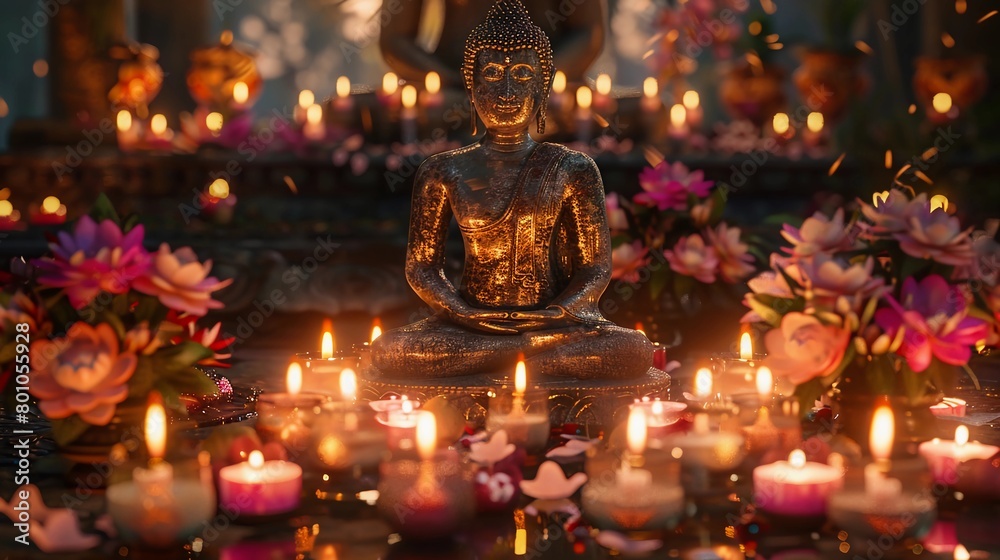 Serene Ancient Buddha Statue In Ornate Temple. Candles, Incense, Lotus Flowers, and Offerings. Vesak or Buddha Purnima Celebration. Mahayana New Year