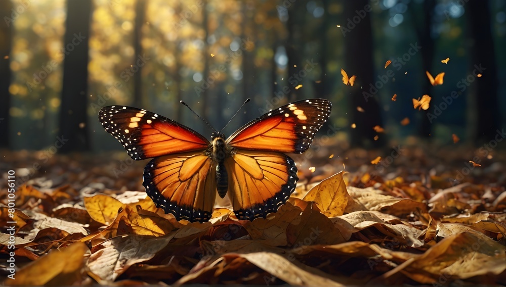 Obraz premium butterfly on a leaf : Nature's Awakening: Butterfly Resting on Leaf at Sunrise