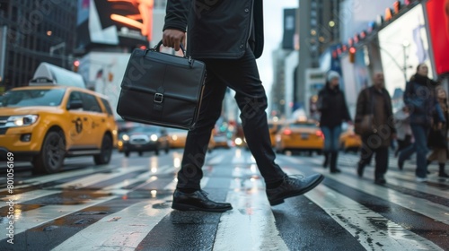 A man in a suit crosses a busy street in New York City. photo