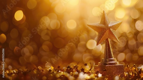 Golden award trophy star on a bokeh background, space for text, copyspace banner winner and 1st place concept, hd