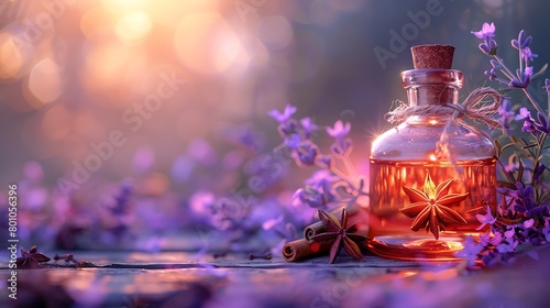 visualization of a warmly glowing potion bottle, star anise and cinnamon suspended within, on a pastel lavender background, emphasizing magical healing