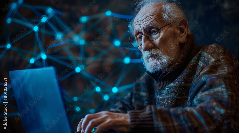Obraz premium An elderly man wearing glasses is using a laptop computer.