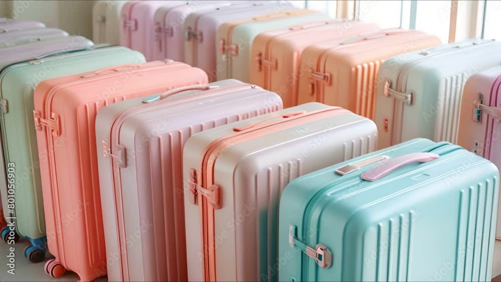 Trendy, lightweight suitcases in pastel shades, arranged neatly on a white background