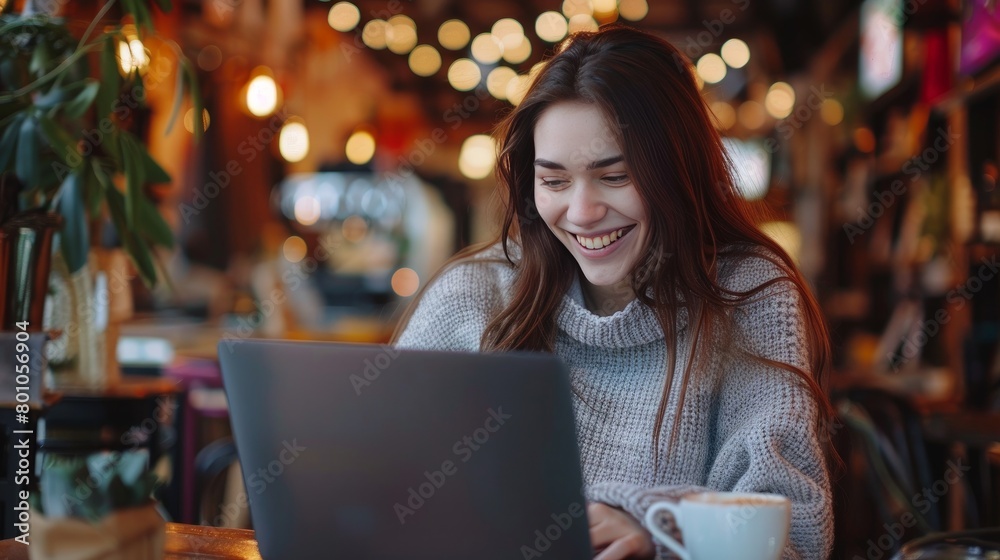 Beautiful woman using laptop at cafe. Young woman with coffee and laptop. Portrait of beautiful smiling woman sitting in a cafe with black laptop Beautiful woman using laptop at cafe. Young woman with coffee and laptop. Portrait of beautiful smiling woman sitting in a cafe with black laptop