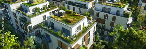 Roof terrace of modern apartment building, printed housing community from aerial view