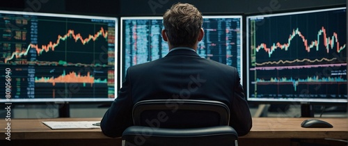 a businessman, his suit perfectly tailored and his posture commanding. He sits in front of a screen, his eyes focused on the intricate lines that represent the ever-changing stock market
