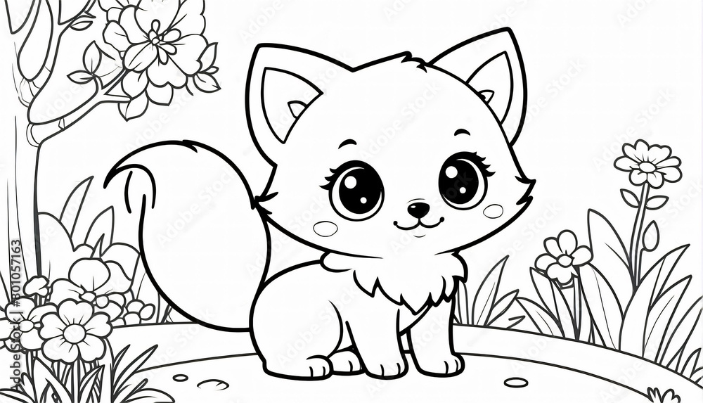 Cute fox in the clearing. Coloring book for little children with thick outlines