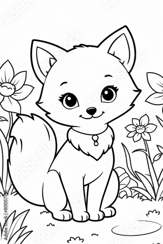 Cute fox in the clearing. Coloring book for little children with thick outlines