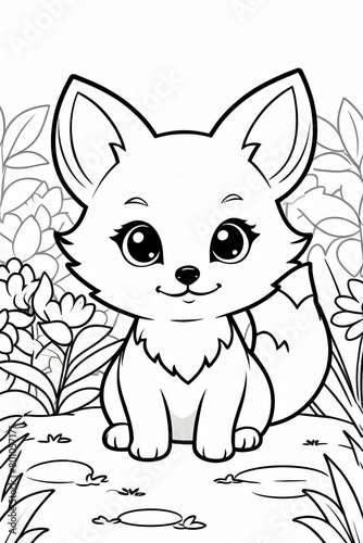 Cute fox in the clearing. Coloring book for little children with thick outlines